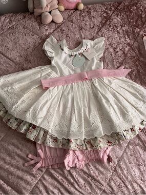 Beautiful Puffy White Girls'  Party Dress with Pink Accents.